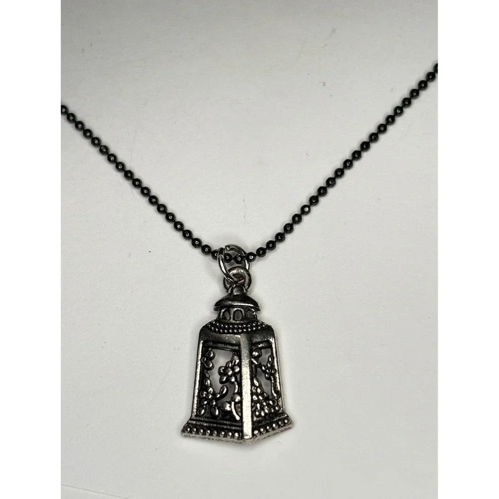 Vintage Pagoda Floral Lantern Silver Tone Pendant Necklace Black Ball Chain